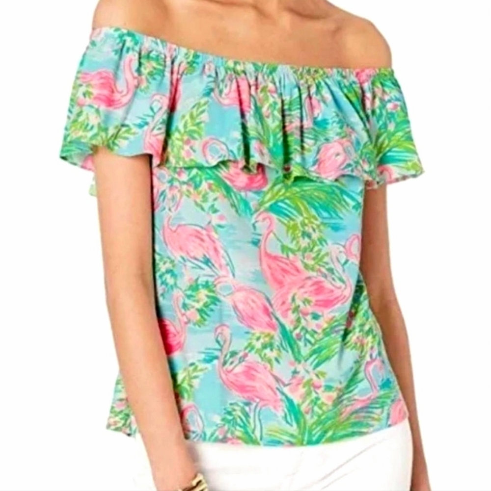 Lilly Pulitzer La Fortuna Off Shoulder Top In Flamingo Print, Size Medium